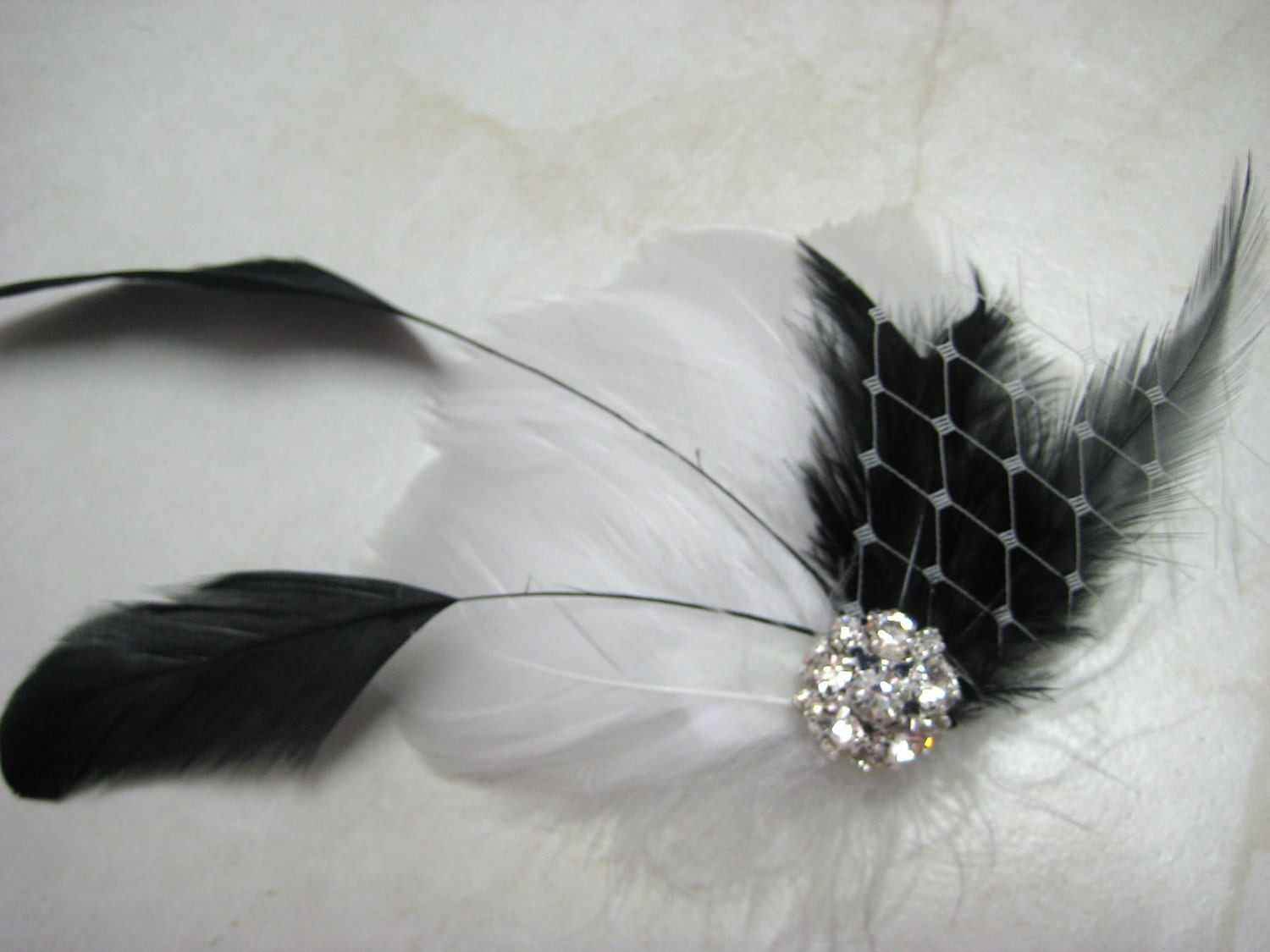 Wedding Bridal Bridesmaid Off White Black Feather Rhinestone Jewel Ivory Veiling Head Piece Hair Clip Fascinator Accessory READY TO SHIP