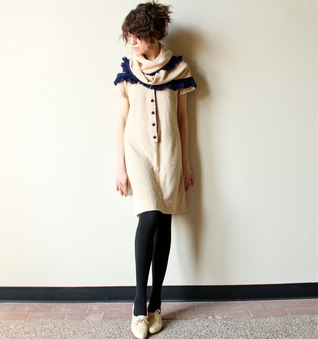 Mod 60s Sweater Dress - vintage boucle knit a-line shift & shawl, Jackie O Chanel style Mad Men office fashion, neutral camel tan, navy blue