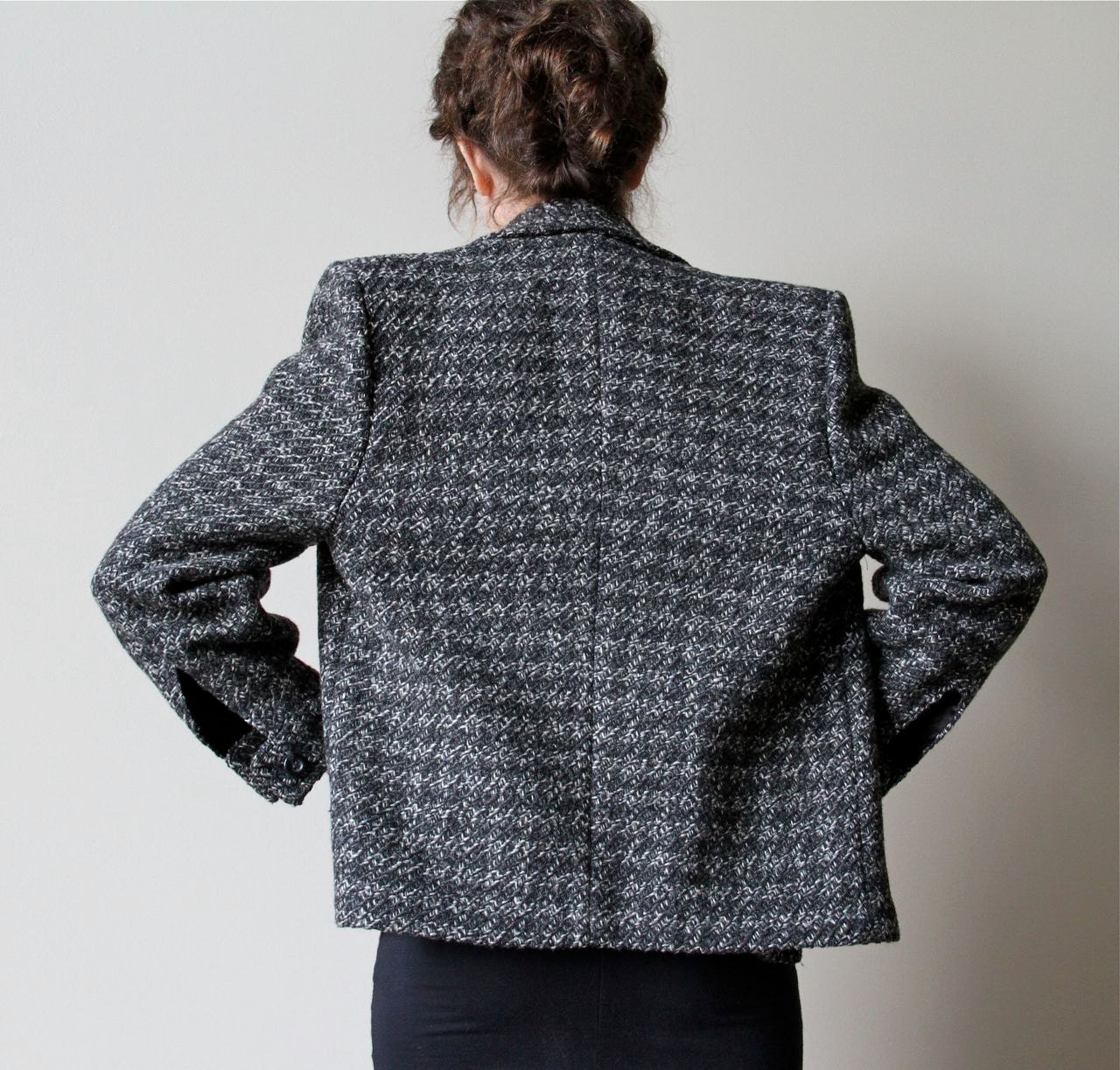 Dior Cropped Tweed Coat - vintage 80s heather grey tones wool coat, short boxy menswear fit, shawl collar