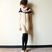 Mod 60s Sweater Dress - vintage boucle knit a-line shift & shawl, Jackie O Chanel style Mad Men office fashion, neutral camel tan, navy blue