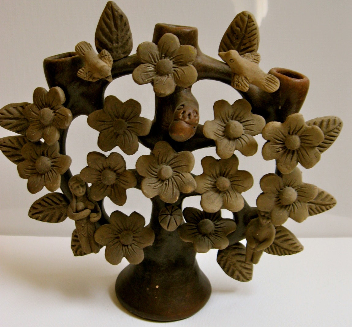 Mexican Tree of Life Candle Holder Black Clay/ by FearlessDressing
