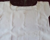 Antique French Unbleached Linen Chemise Nightgown Nightdress Mon FM Hand Scalloped Neckline and Sleeves Handmade