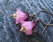 Pink Lucite and Czech Glass Flower Earrings, Neo-Victorian, Romantic
