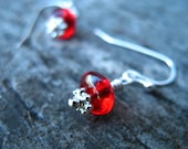 Ruby Red Glass Earrings, Silver Dangles