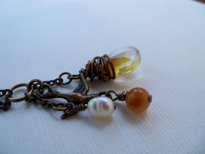 Antiqued Bronze Necklace with Galaxy Quartz, Pearl, Red Aventurine and Sparrow Charms, 18 inches long
