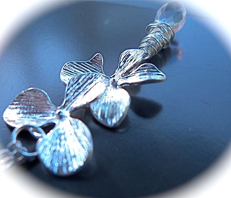 Sterling Silver Orchid Necklace, Wire Wrapped Crystal Briolette, Silver Orchid Flowers, 18 inches