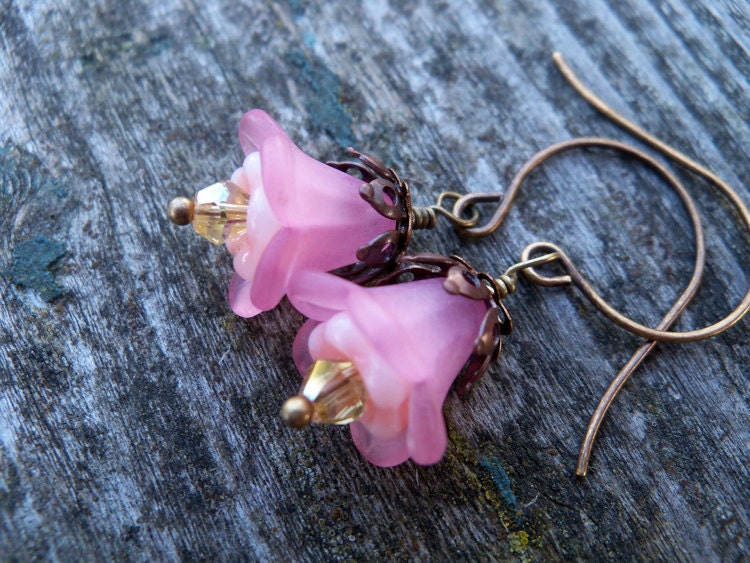 Pink Lucite and Czech Glass Flower Earrings, Neo-Victorian, Romantic