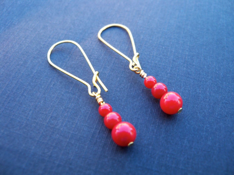 Red Coral Earrings on Gold Kidney Wires