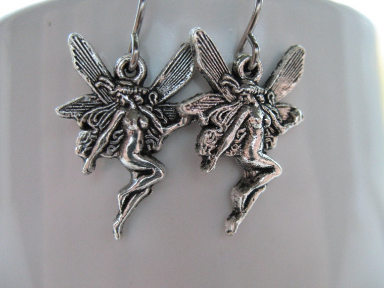 Antiqued Silver Fairy Earrings, Hypoallergenic, Surgical Stainless Steel