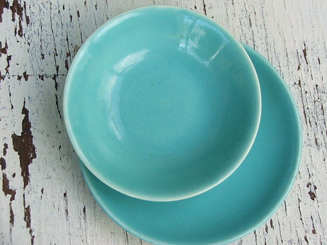 Turquoise Bowl, Saucer: Paden City Pottery Caliente, Vintage