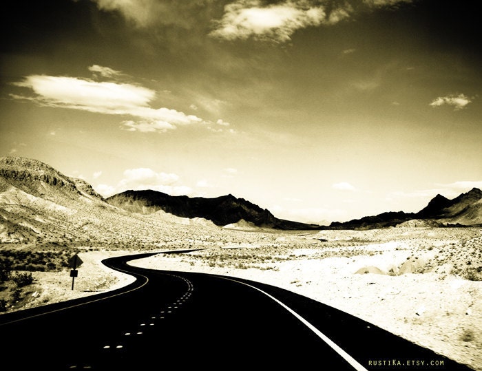 Open Road in the Desert Black and White Landscape Photography Print - Let's get Lost 12x18