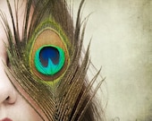 Boho Photography Peacock Feather Blue and Green/ Bohemian Girl Face Photography / Feather Eye Square Format 12x12