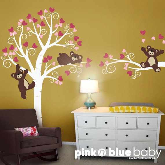 Wall Decals, Swirly Tree with Lovely Teddy Bears,  Nursery Kids Wall Decal