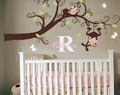 Baby Girl Nursery Decor : Branch Tree, Girl Monkeys and Custom Name - Nursery Wall Decal