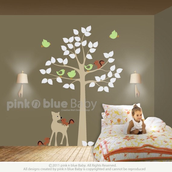 Childrens Wall Decals, Deer and Squirrel Tree - Nursery Kids Removable Wall Vinyl Decal