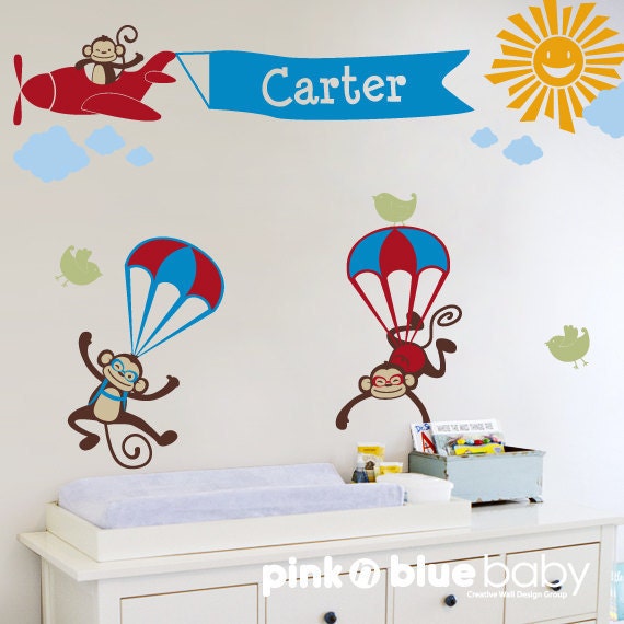 Wall Decal Monkeys with Airplane Banner Custom Name - Nursery Wall Decal