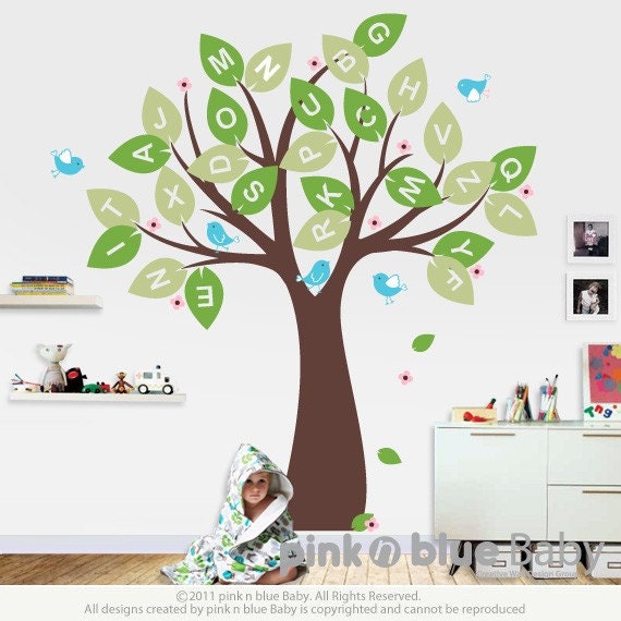 Wall decal, Alphabet tree and Birds - Nursery Kids Removable Wall Vinyl Decal