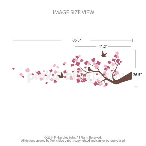 Wall Decals, Cherry Blossom Branch, Birds, Nursery Kids Removable Wall Decal