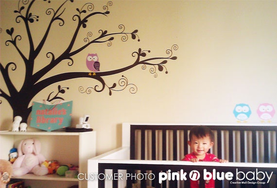 Wall Decal, Lovely tree with owls - Nursery Kids Removable Wall Vinyl Decal