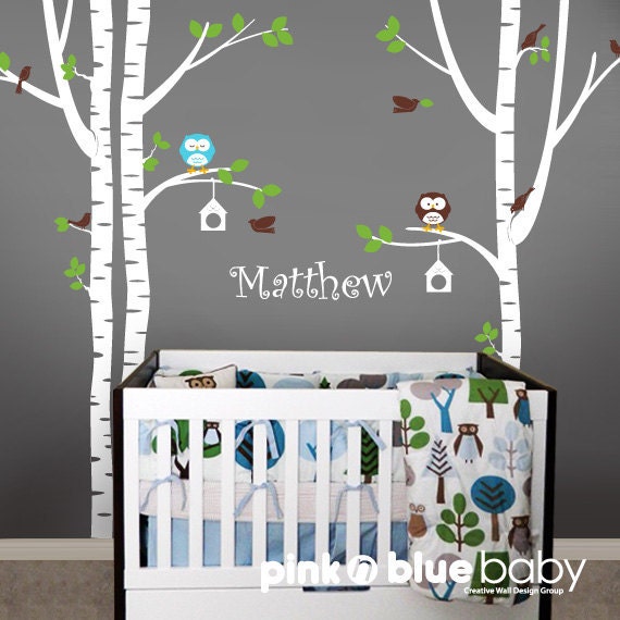 Wall Decals  - Birch Tree, Owl, Bird and Custom Name -  Kids Baby Nursery Wall Decals