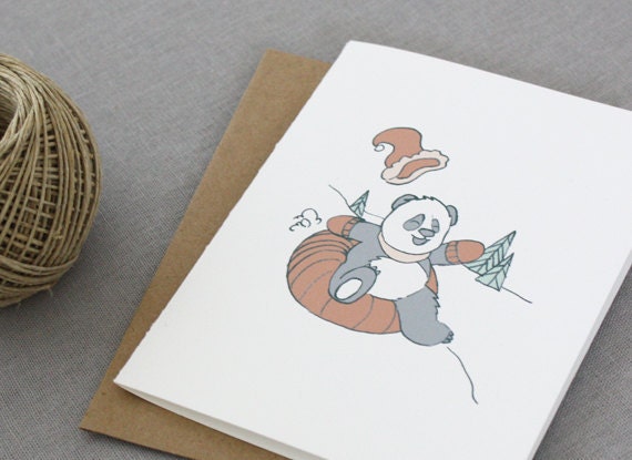 Holiday Greeting Card - Panda Sledding