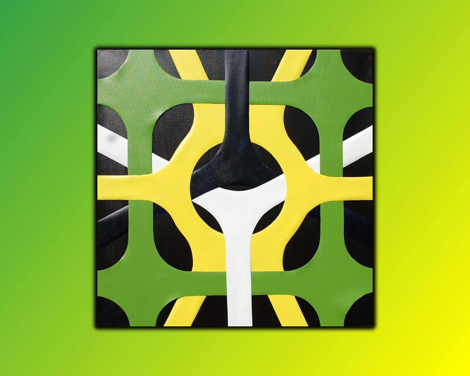 Abstract Green Art Painting, Modern, Original, Layered, Acrylic, Geometric, Yellow, Black, White 24x24
