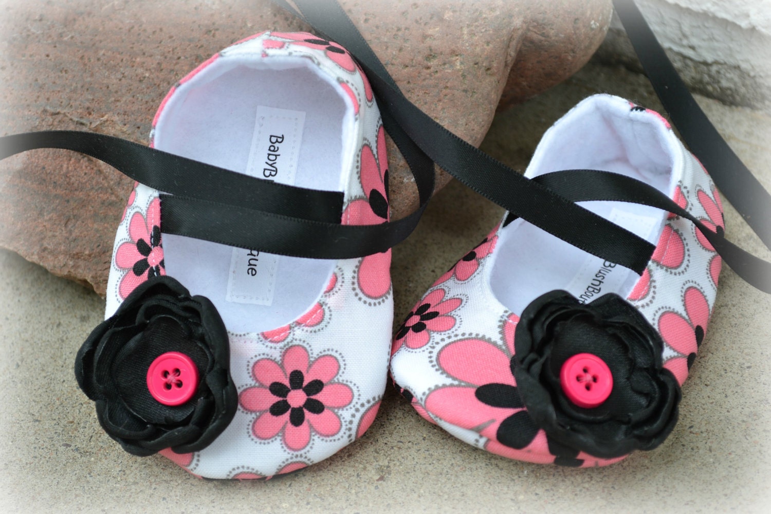Baby Shoes Pink Black Floral Baby Ballerina Slippers