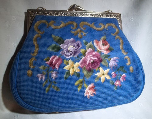 Vintage Medium Blue Floral Needlepoint Handbag With Ornate Brass Detail & Kiss Lock Closure