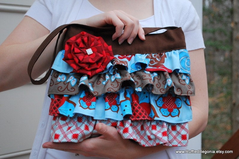 Ruffled Bag sewing PATTERN: The Layla Bag with free Pleated Flower Tutorial. small handbag with ruffles and pockets