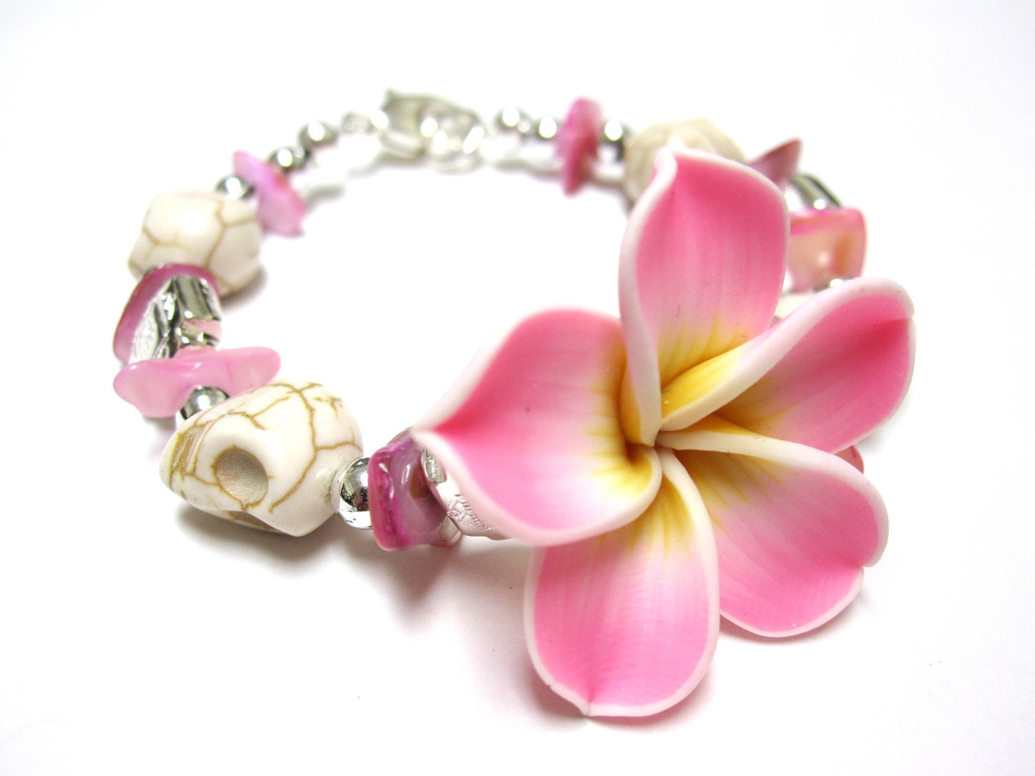 Day of The Dead Bracelet Sugar Skull Strand Hot Pink Shell Concho Hibiscus Flower
