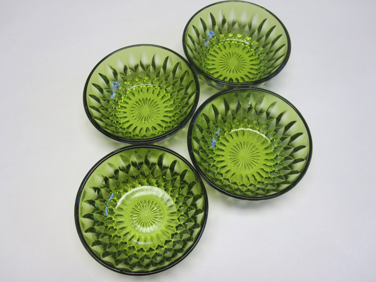 70s Modern Set Of Four Green Cut Glass Serving Bowls Dishes