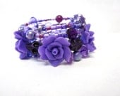Purple Day of the Dead Bracelet Sugar Skull Wrap Around Cuff Rose Skulls