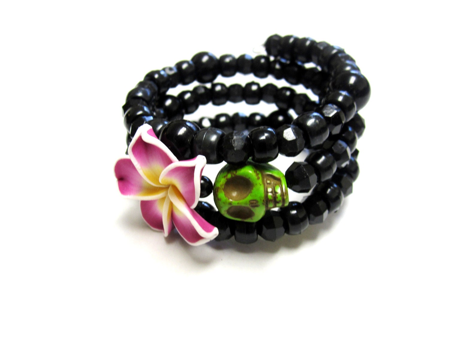 Green Purple Flower Day of the Dead Bracelet Sugar Skull Wrap Bracelet Black