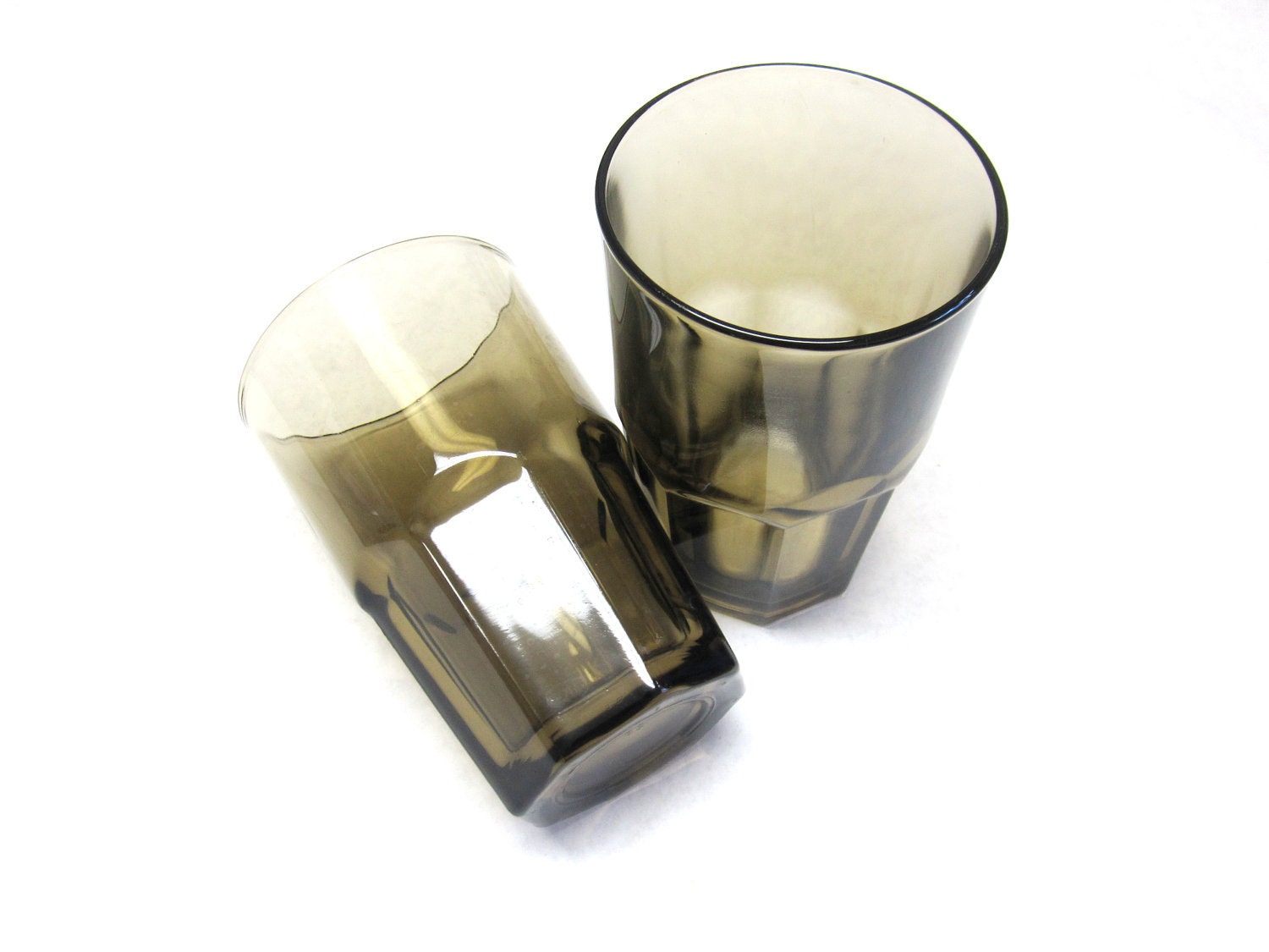 70s Modern Set Of Two Drinking Glasses Heavy Tumblers Smokey Brown