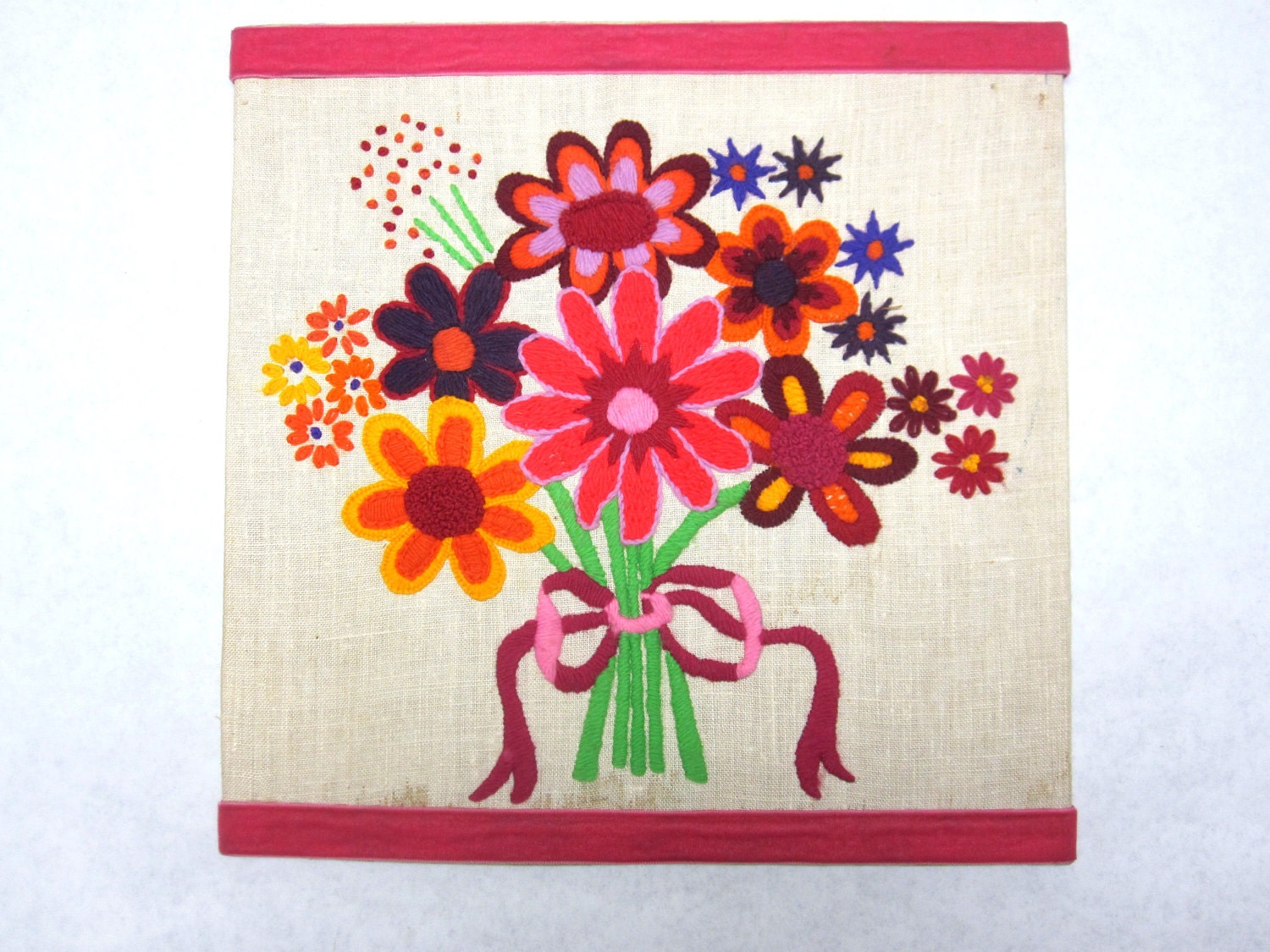 60s Mod Handmade Needlepoint Psychedelic Pop Art Flower Embroidery Pink Yellow