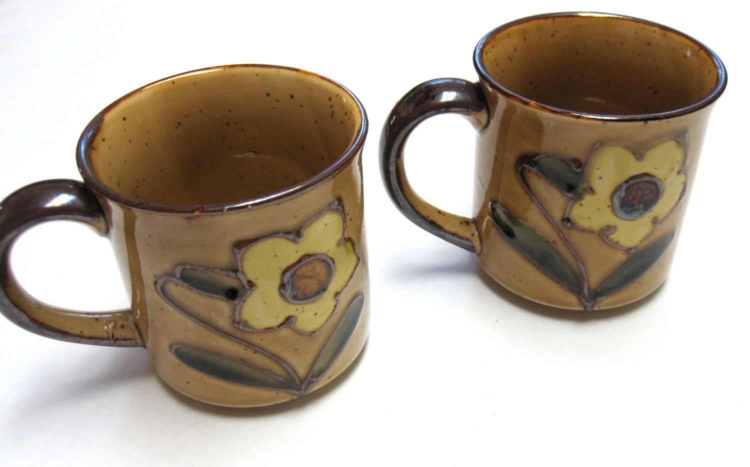 Set of Two Brown Floral Stoneware Mugs Coffee Cups