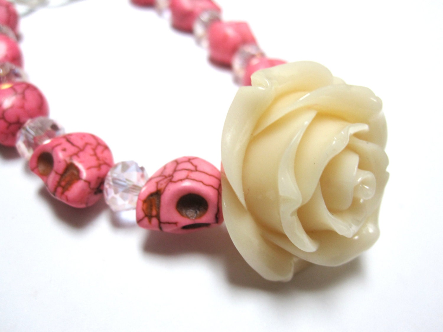 Day of the Dead Bracelet Jewelry Pretty in PINK Baby Sugar Skull & BIG Ivory Rose Bracelet