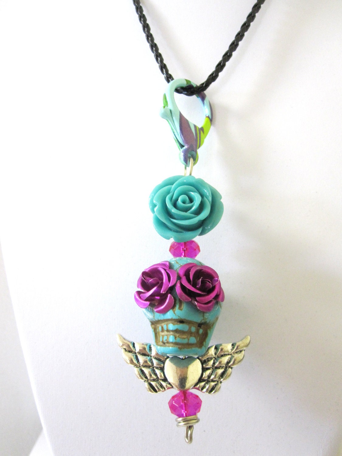 Turquoise Blue Day Of The Dead Necklace Sugar Skull Key Chain /Pendant Necklace