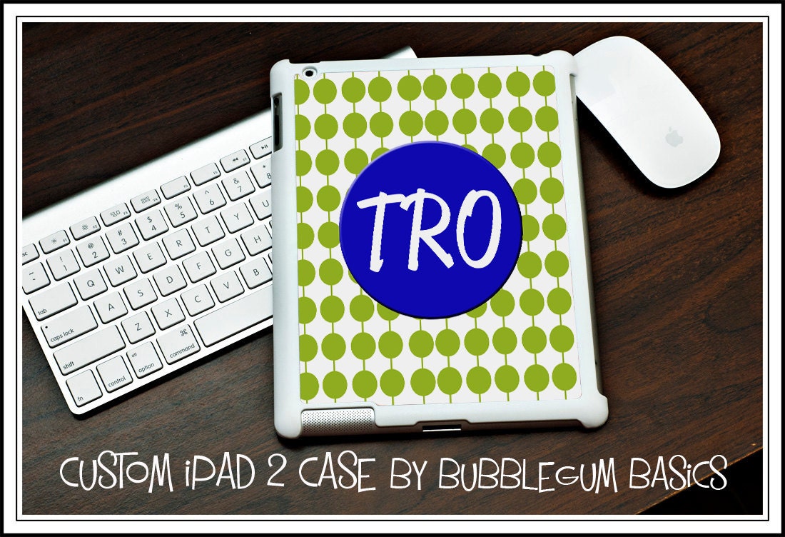 Custom IPAD 2 3 NEW Snap On Case Lime Green Circle Chain Blue Initials - Personalized Monogram Any Color Name