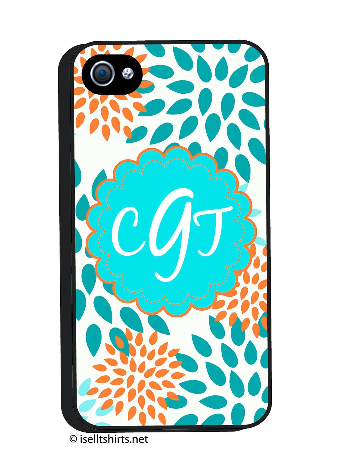 Monogram iPhone 5 4 4S Phone Case Cover - NO METAL Insert - Blue Orange Floral Teal Circle - 3 Letter Initials - Personalized Custom