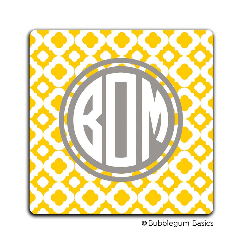 Custom PERSONALIZED Monogram COASTERS - Set of 4 - Yellow Gray Lattice Geometric Pattern - any color name initials
