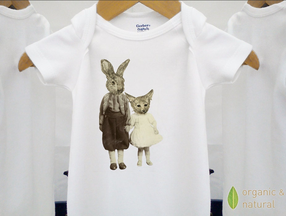Organic baby clothes, vintage onesie, fox & rabbit kids, unique and a bit weird, sepia