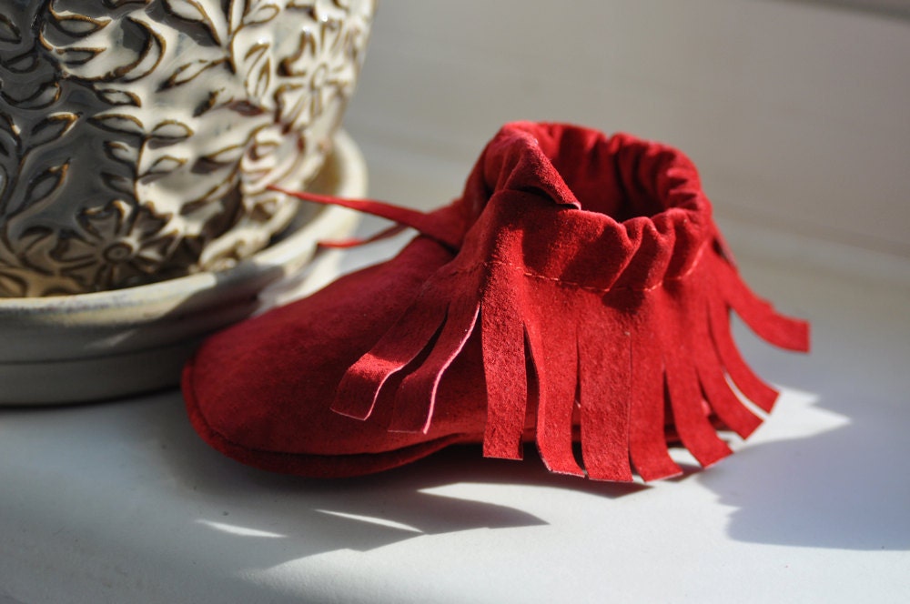 Upcycled Red Suede Moccasins for babies and toddlers