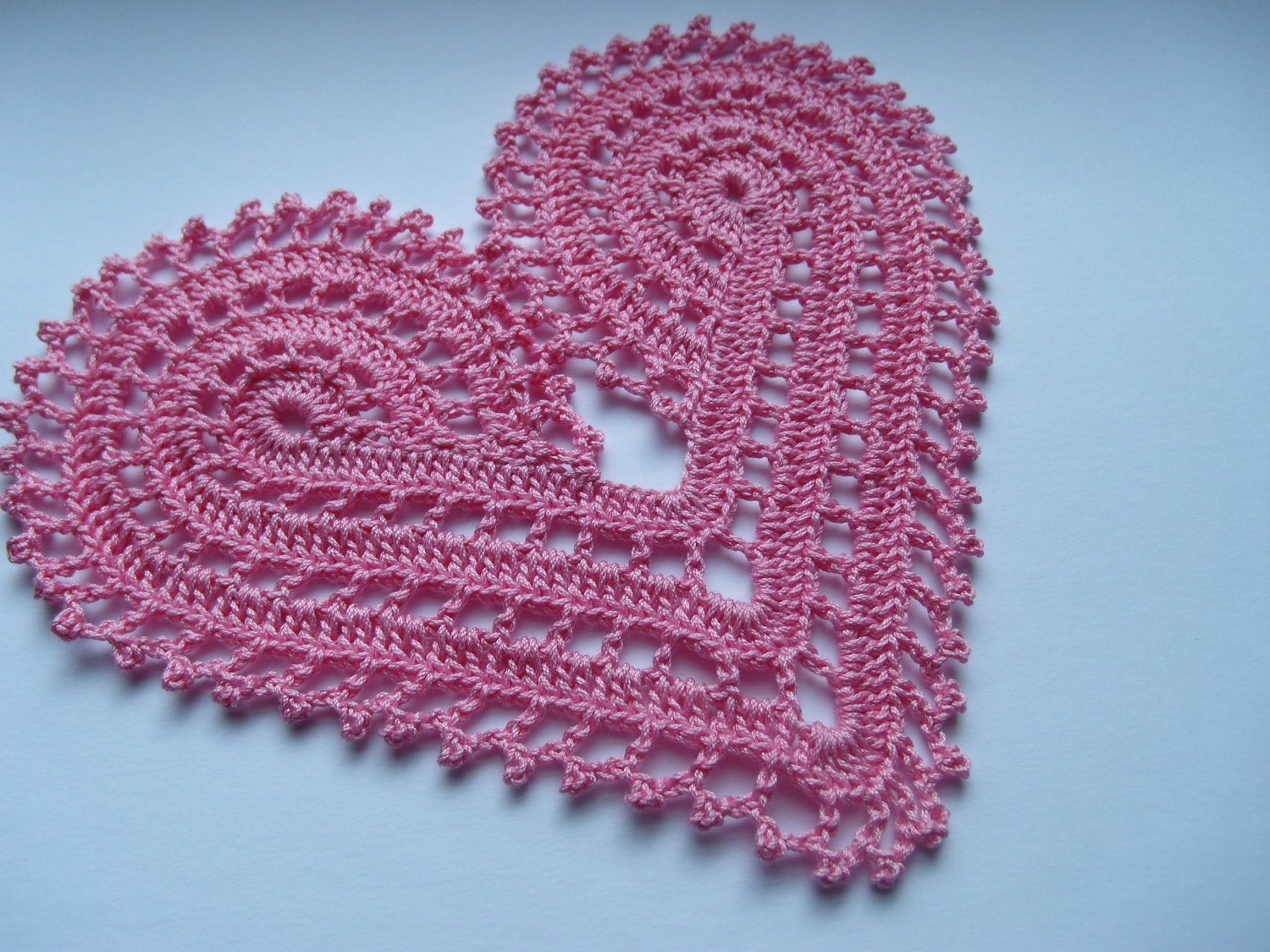 Hand crochet large pink heart doily decoration or applique