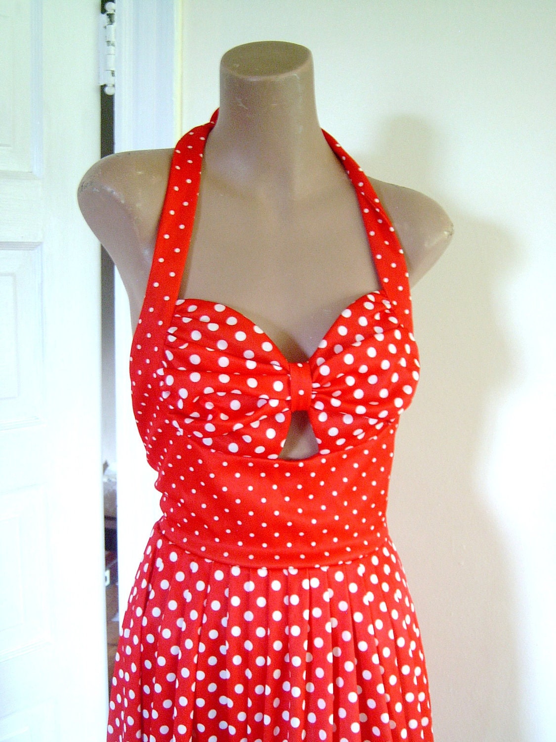 Adorable Sexy Vintage 1970s does 1940s Red and White Polka Dot Maxi Dress