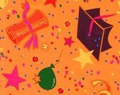 One yard cotton novelty fabric, Graduation Confetti, Orange, by Free Spirit