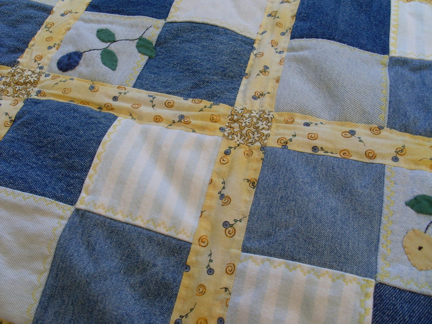Upcycled Denim Patchwork Quilt with Applique, made in USA