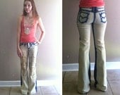 vintage flare blue jeans with ACID wash and amazing embroidered and silver STUDDED design- SALE