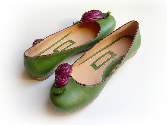Leather Ballerina Shoe with leather roses - Handmade - 100% genuine leather - green&purple