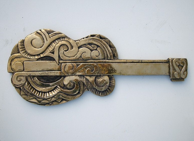 ceramic gold guitar - wall hanging - home decor - 10Kt gold painted - musical instrument - sculpture - wall art